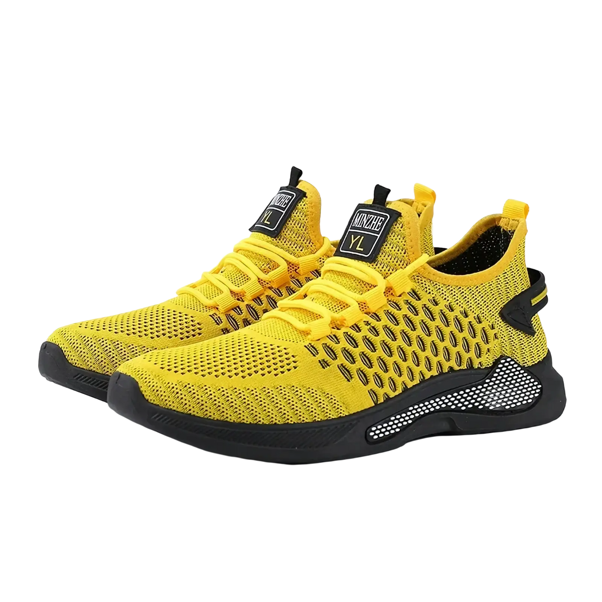 Men breathable slip-on mesh sneakers in bright yellow with black accents and a textured sole for comfort