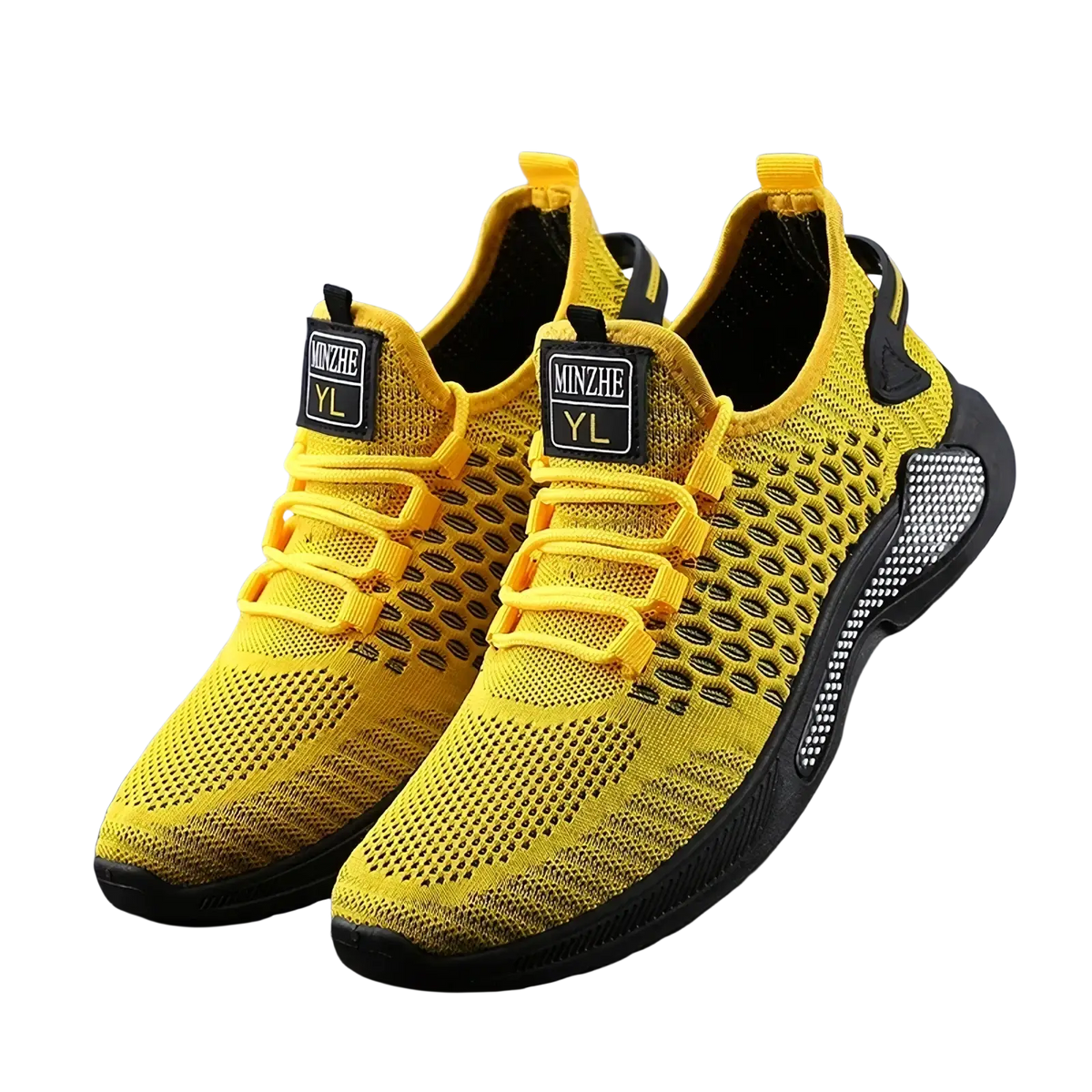 Men breathable slip-on mesh sneakers in bright yellow with black accents and textured rubber sole featuring branded label