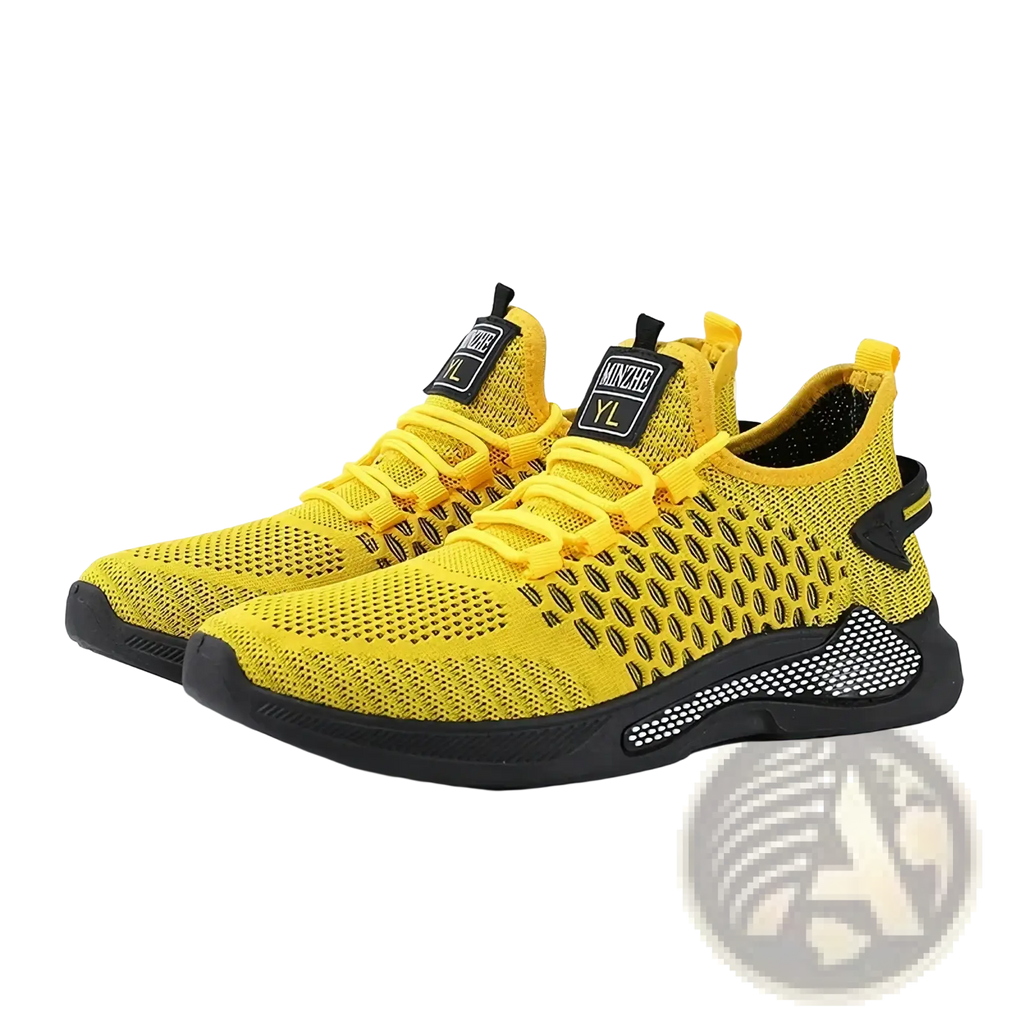 Men breathable slip-on mesh sneakers in bright yellow with black accents and a textured sole for comfort