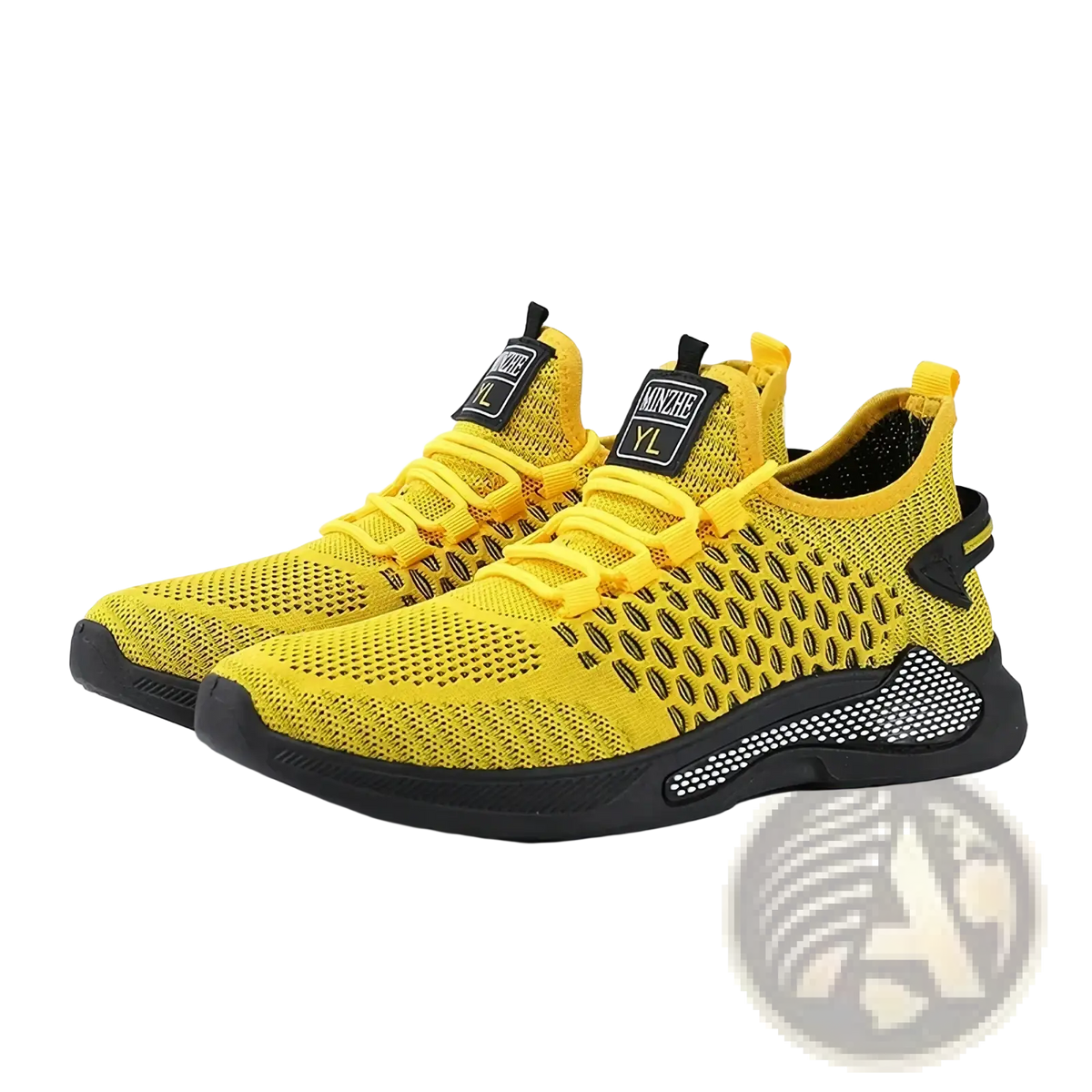 Men breathable slip-on mesh sneakers in bright yellow with black accents and a textured sole for comfort