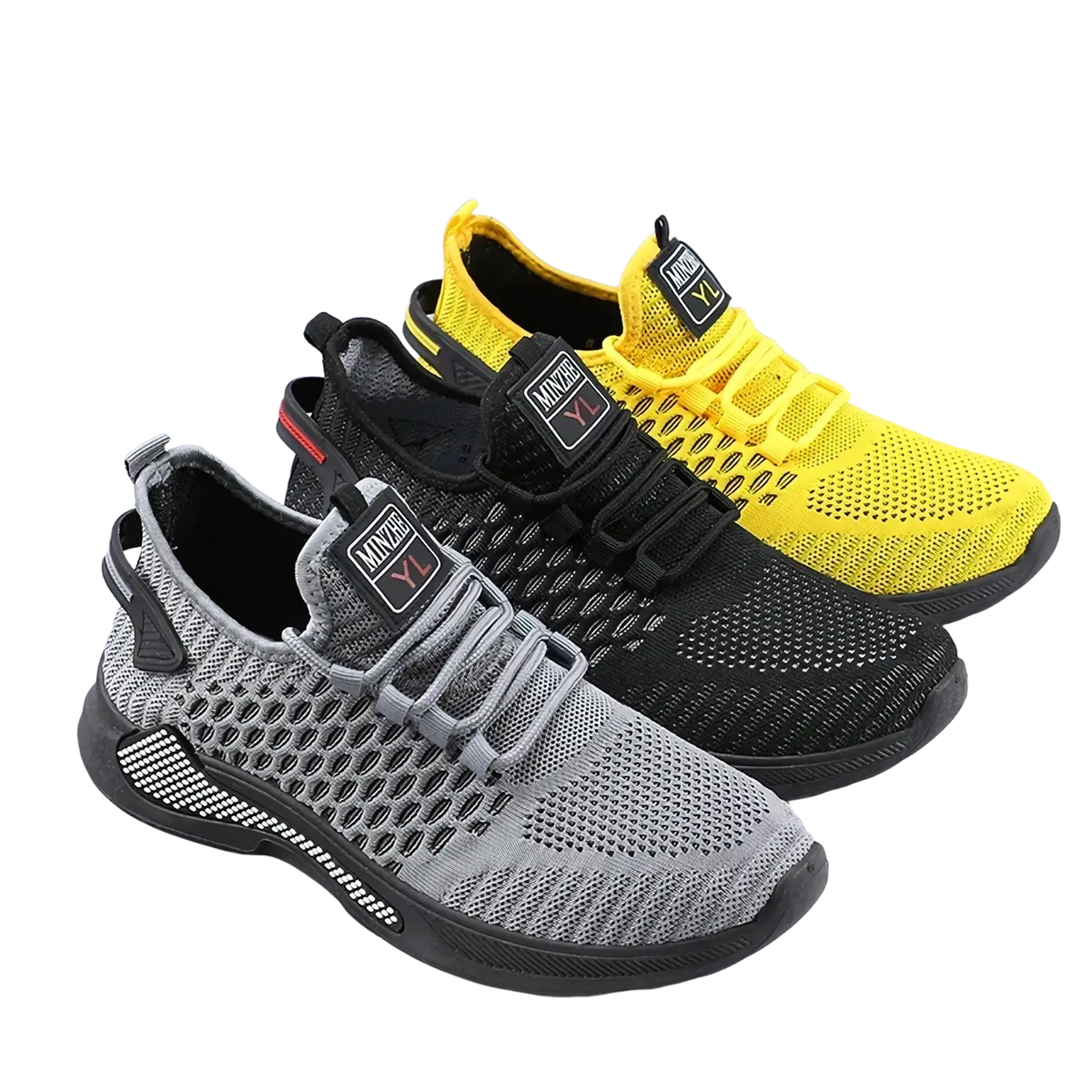 Men breathable slip-on gray mesh sneakers with black accents textured sole and minyu brand label on the tongue