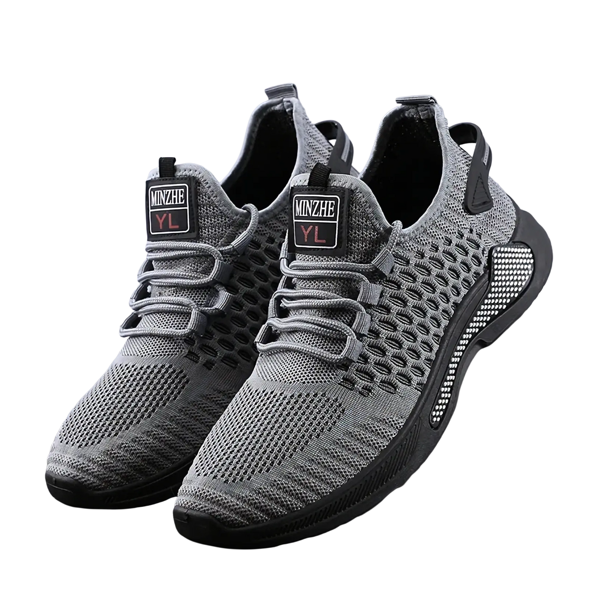 Men breathable slip-on mesh sneakers in gray with black accents and textured sole featuring minzhe yl logo on the tongue