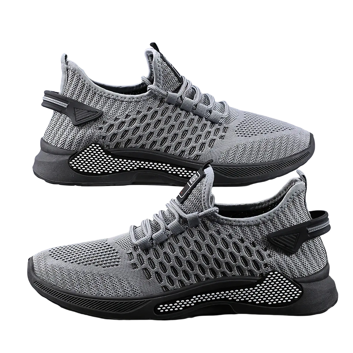Men breathable slip-on mesh sneakers in gray and black with a perforated upper and supportive rubber sole