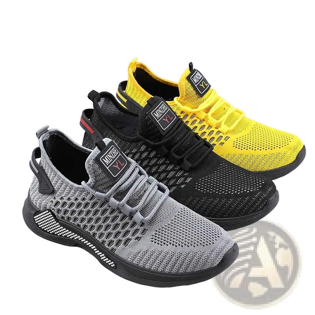 Men breathable slip-on gray mesh sneakers with black accents textured sole and minyu brand label on the tongue