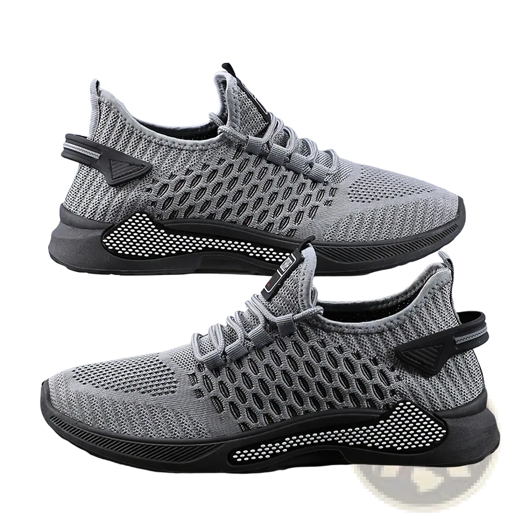 Men breathable slip-on mesh sneakers in gray and black with a perforated upper and supportive rubber sole