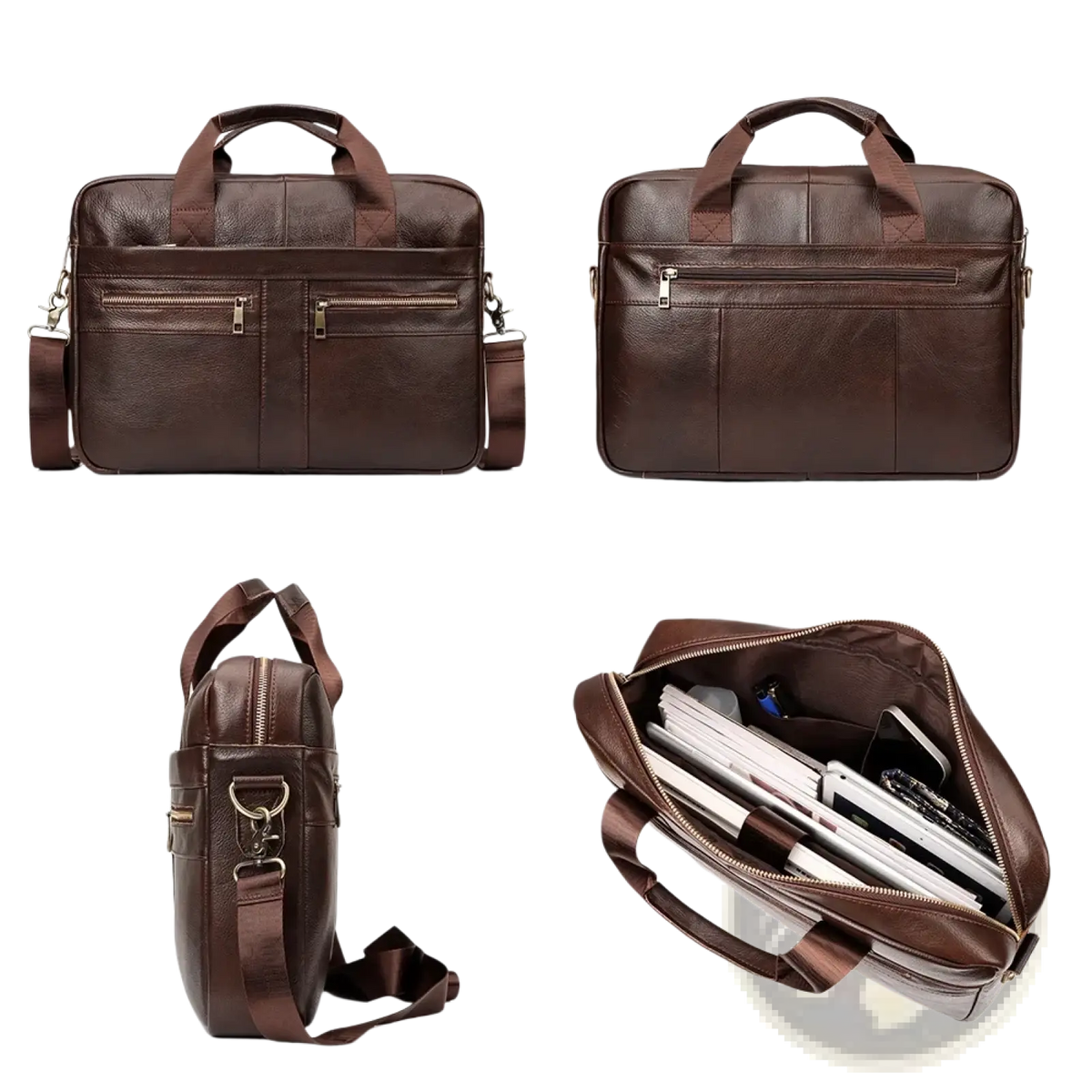 Brown leather briefcase with multiple zippered compartments and detachable shoulder strap for business use
