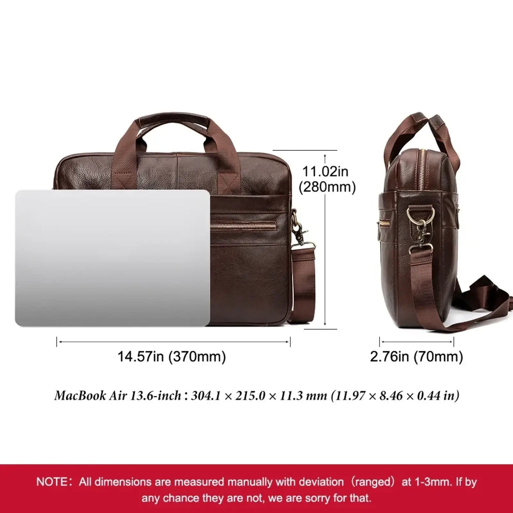 Brown leather men briefcase bag with top handle and detachable shoulder strap for 14 inch laptop travel use