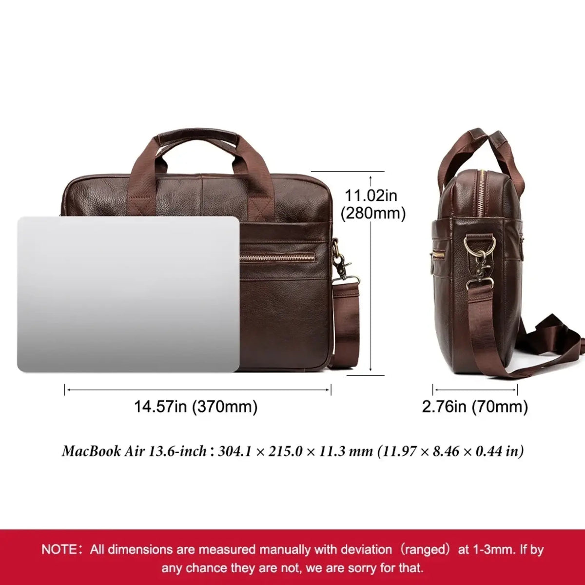 Brown leather men briefcase bag with top handle and detachable shoulder strap for 14 inch laptop travel use