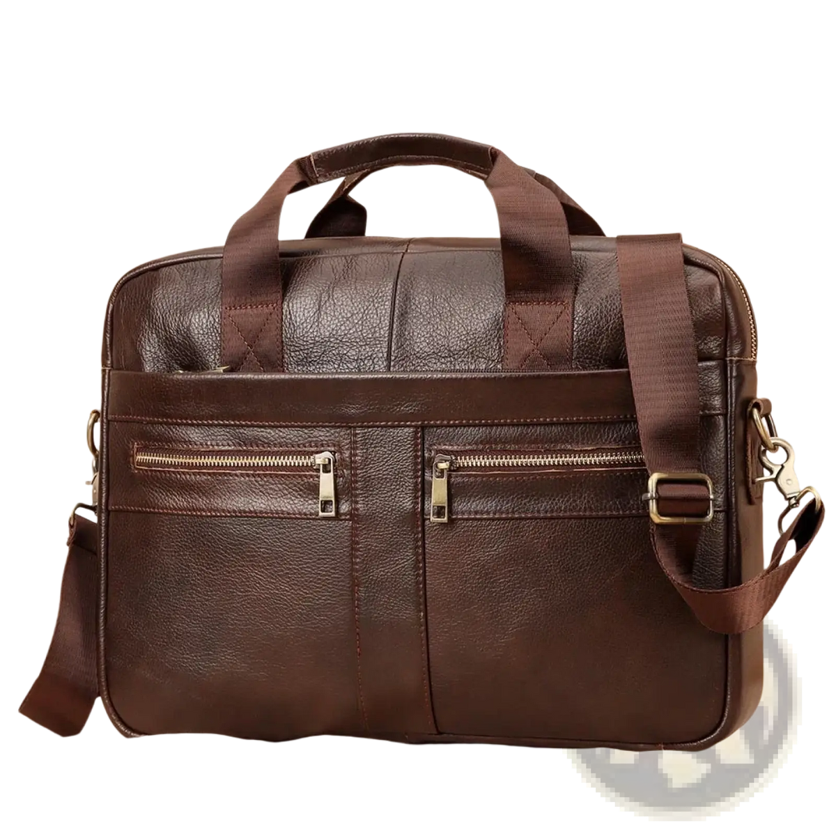 Brown leather briefcase with textured surface dual top handles and adjustable shoulder strap for men office use