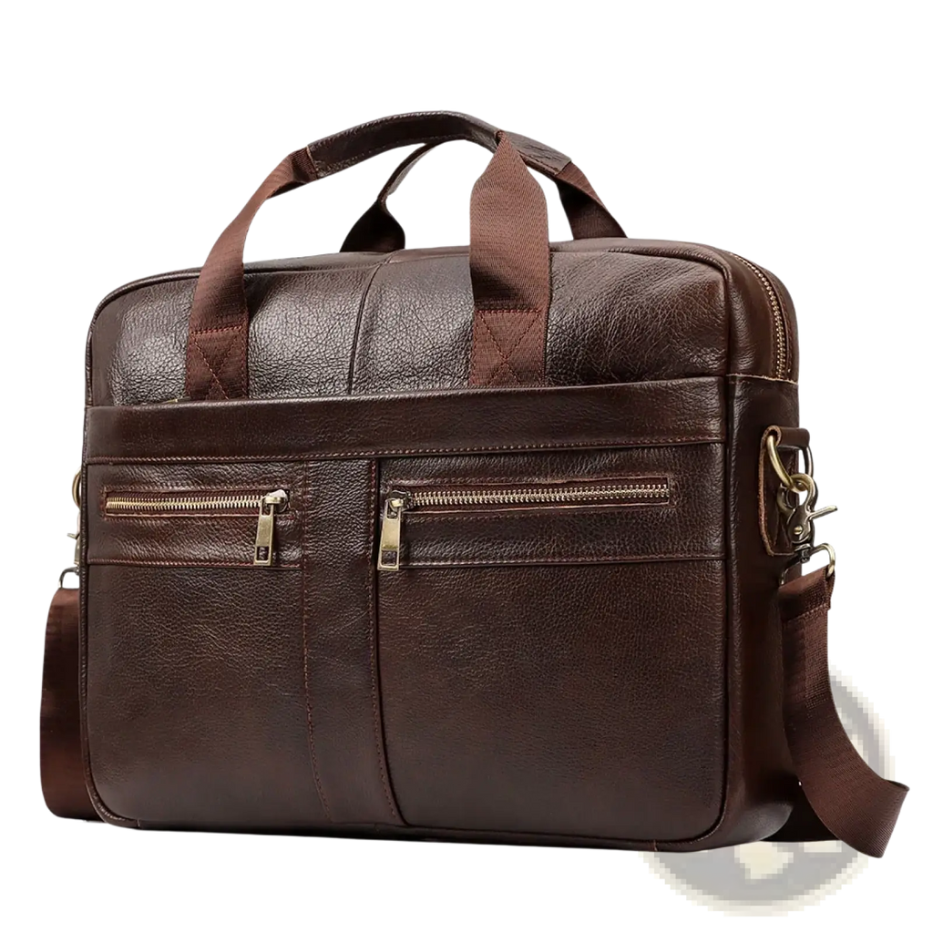 Brown leather men briefcase bag with two front zippered pockets and detachable shoulder strap for office use