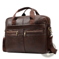 Brown leather men briefcase bag with two front zippered pockets and detachable shoulder strap for office use