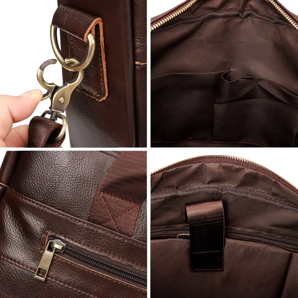 Brown leather men briefcase bag with brass hardware and internal zippered compartments for laptop travel use