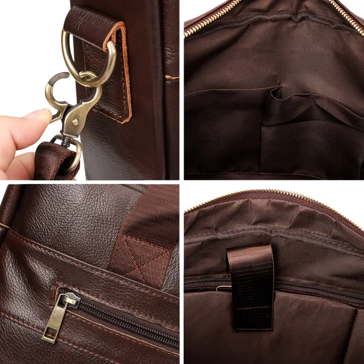 Brown leather men briefcase bag with brass hardware and internal zippered compartments for laptop travel use