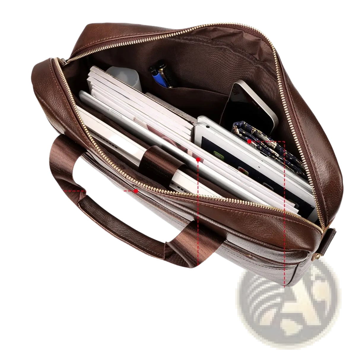 Brown leather men briefcase bag with zip pocket computer compartment and internal slot pocket for business use