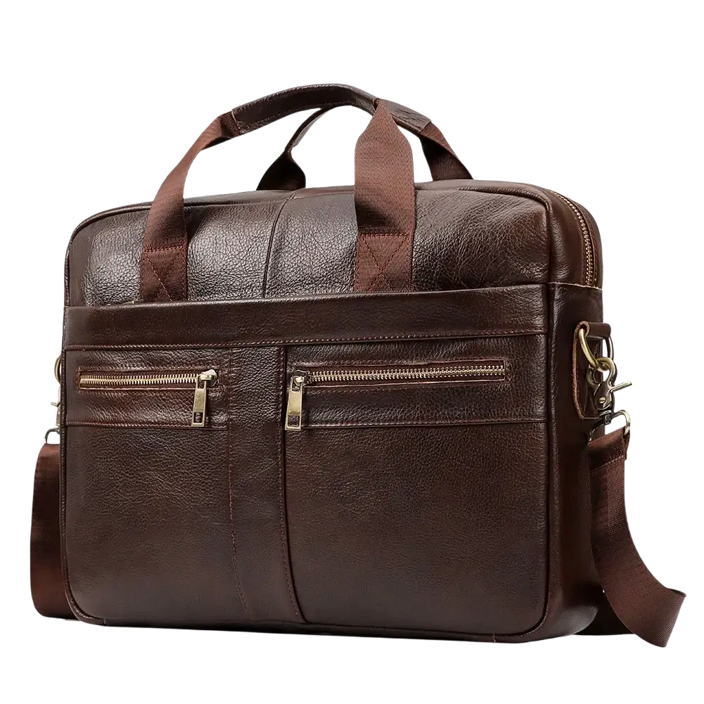 Brown leather men briefcase bag with two front zippered pockets and detachable shoulder strap for office use