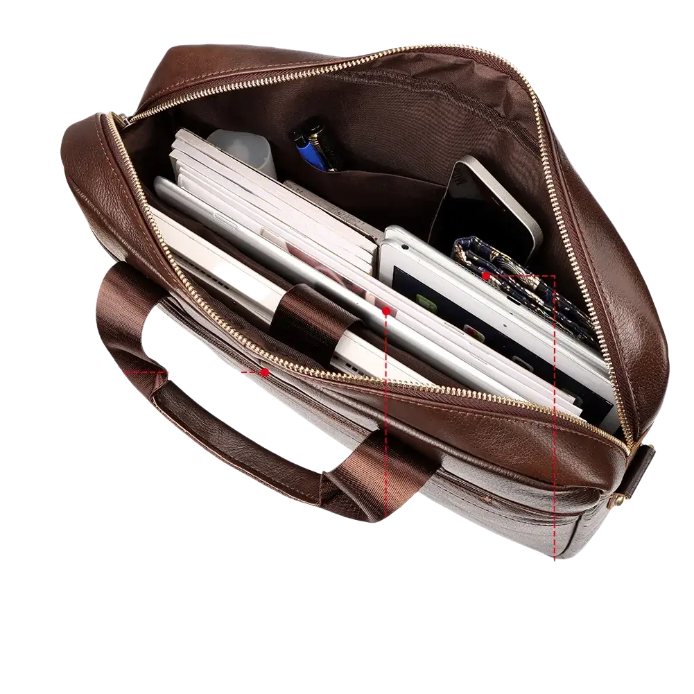 Brown leather men briefcase bag with zip pocket computer compartment and internal slot pocket for business use