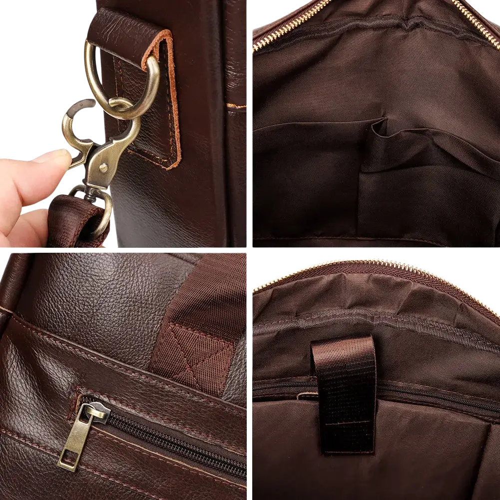 Brown leather men briefcase bag with brass hardware and internal zippered compartments for laptop travel use