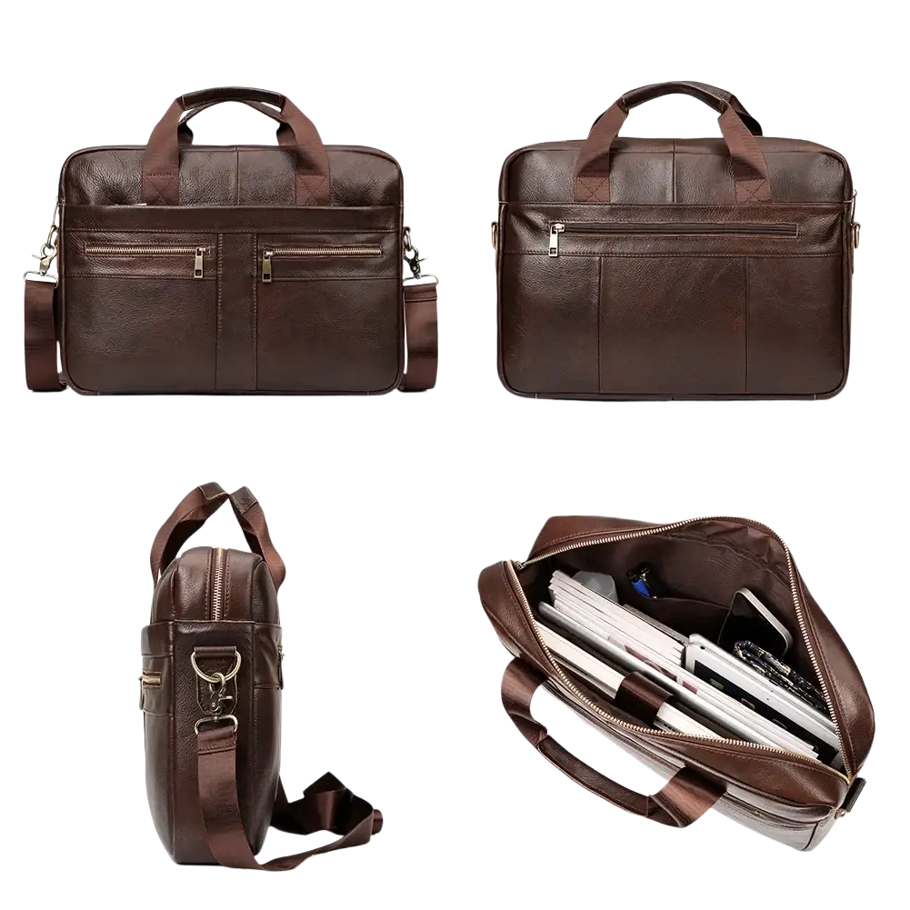 Brown leather briefcase with multiple zippered compartments and detachable shoulder strap for business use