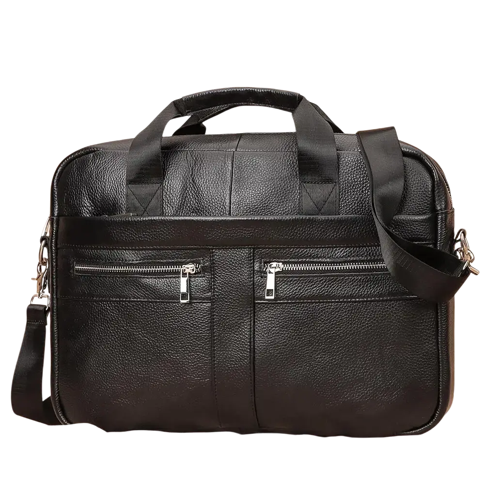 Black leather men briefcase with textured surface two front zippered pockets and detachable shoulder strap for business use