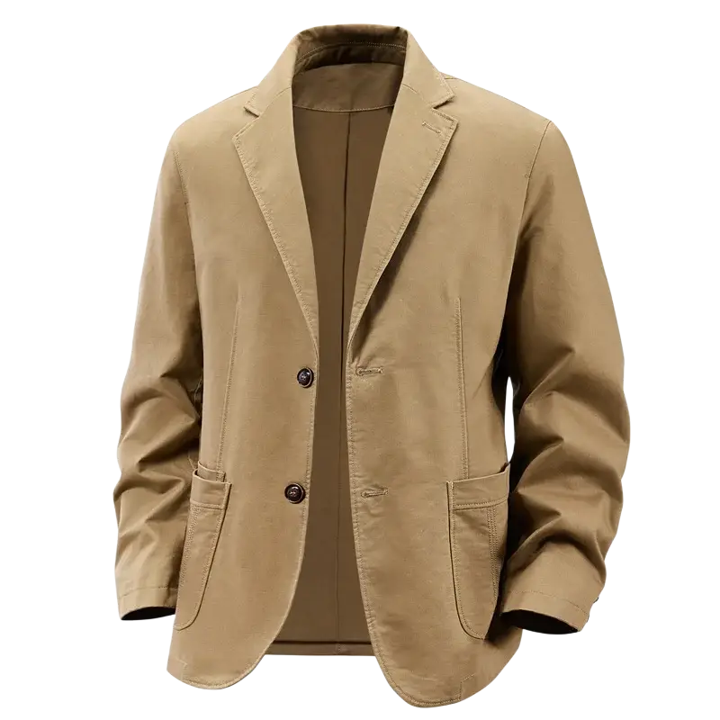 Beige cotton slim fit casual blazer for men with two front buttons and flap pockets perfect for formal and casual wear
