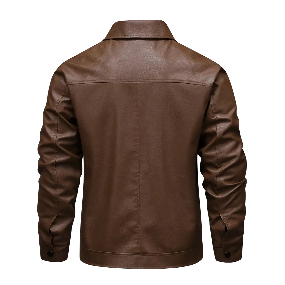 Men brown faux leather biker jacket with classic collar and buttoned cuffs in a front view