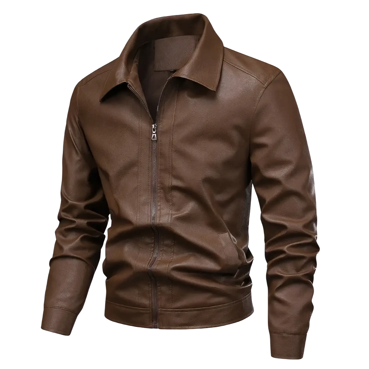 Men brown faux leather biker jacket featuring a classic collar and front zipper in brown leather material
