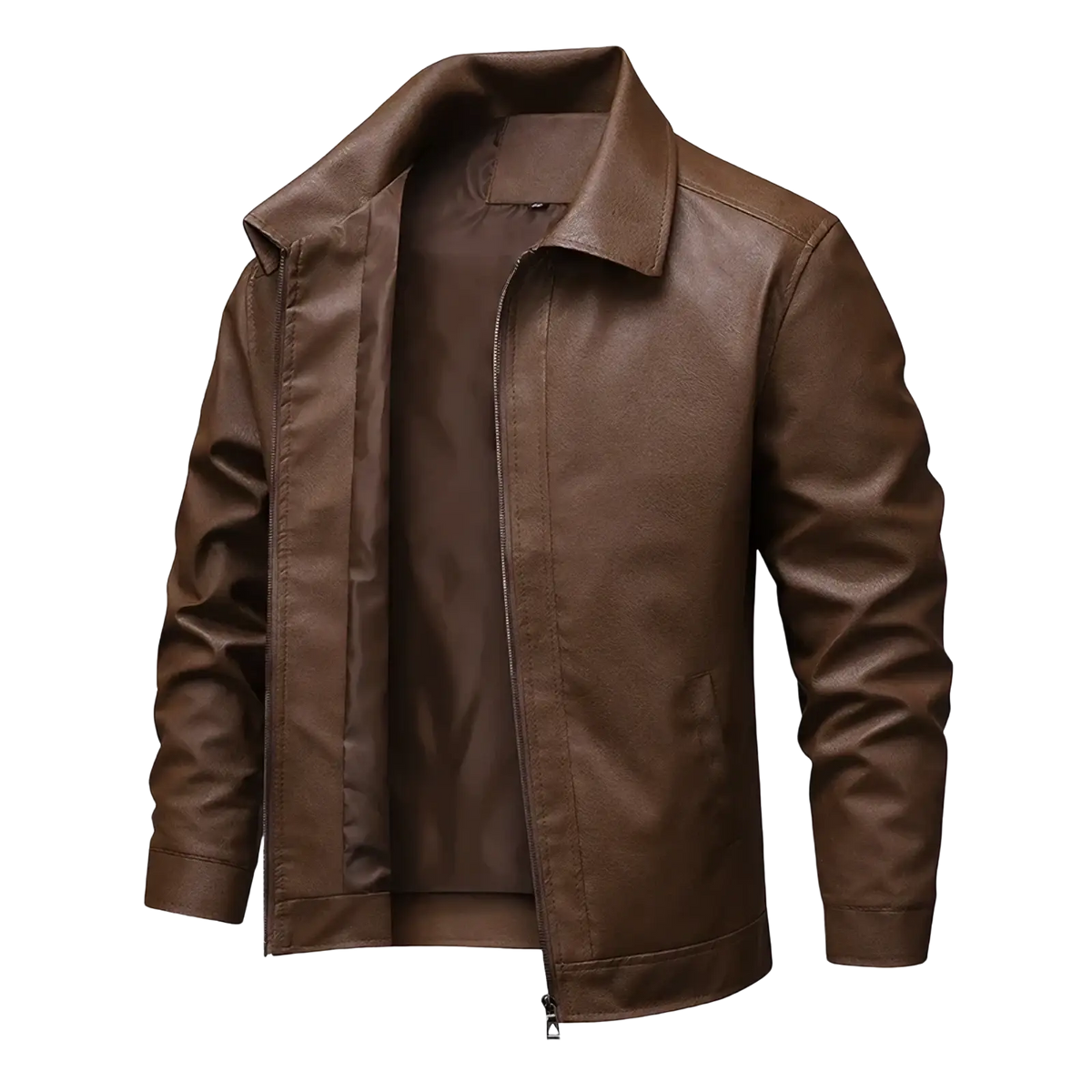 Men brown faux leather biker jacket with classic collar and zipper closure displayed front side