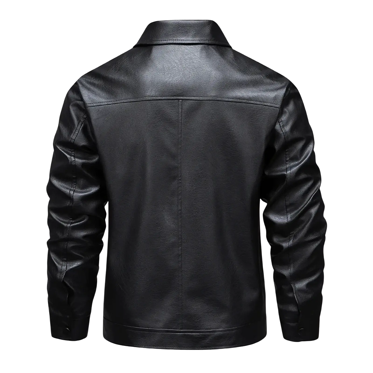 Men brown faux leather biker jacket featuring black faux leather with classic collar and seam detailing
