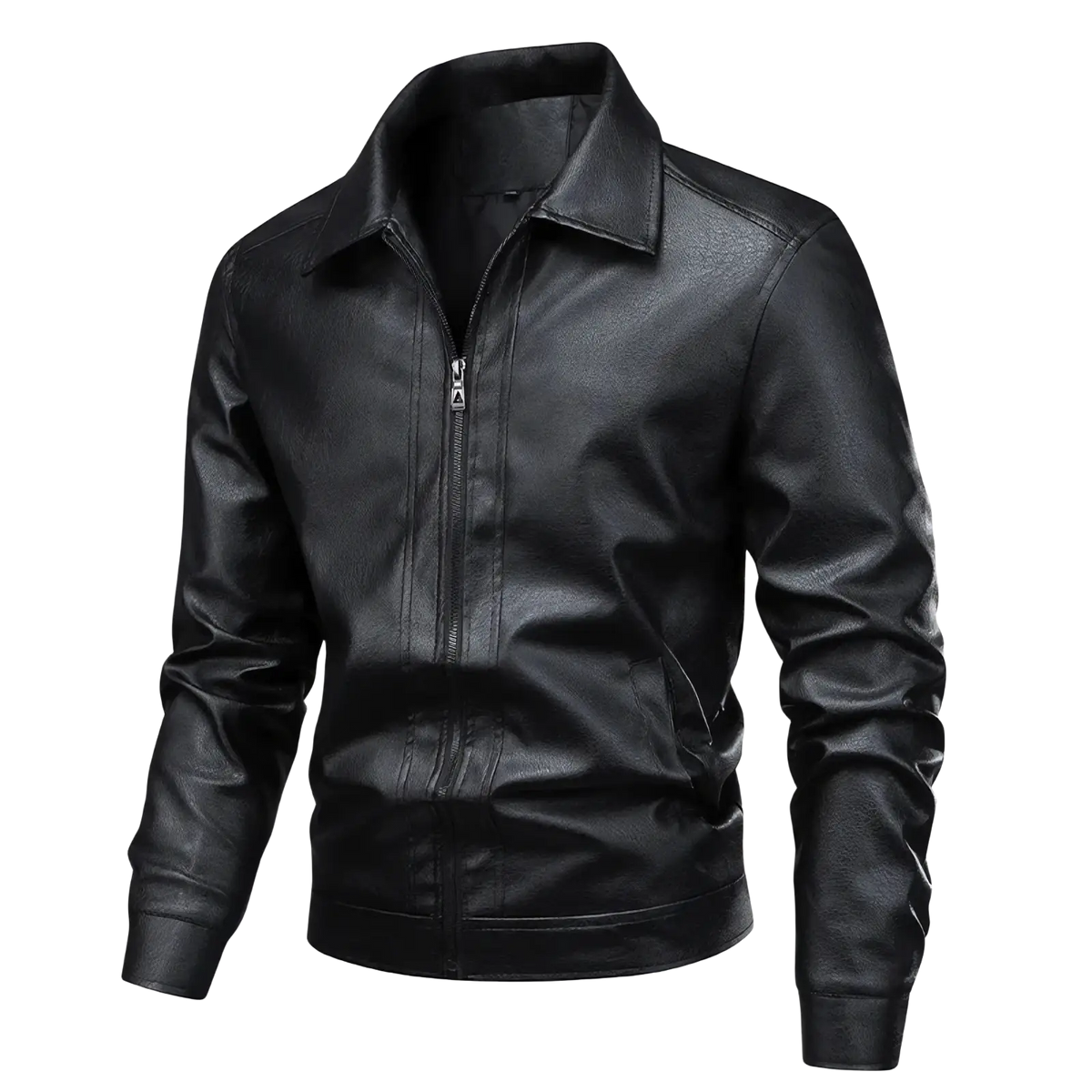 Men brown faux leather biker jacket featuring black faux leather bomber jacket with classic collar and front zipper