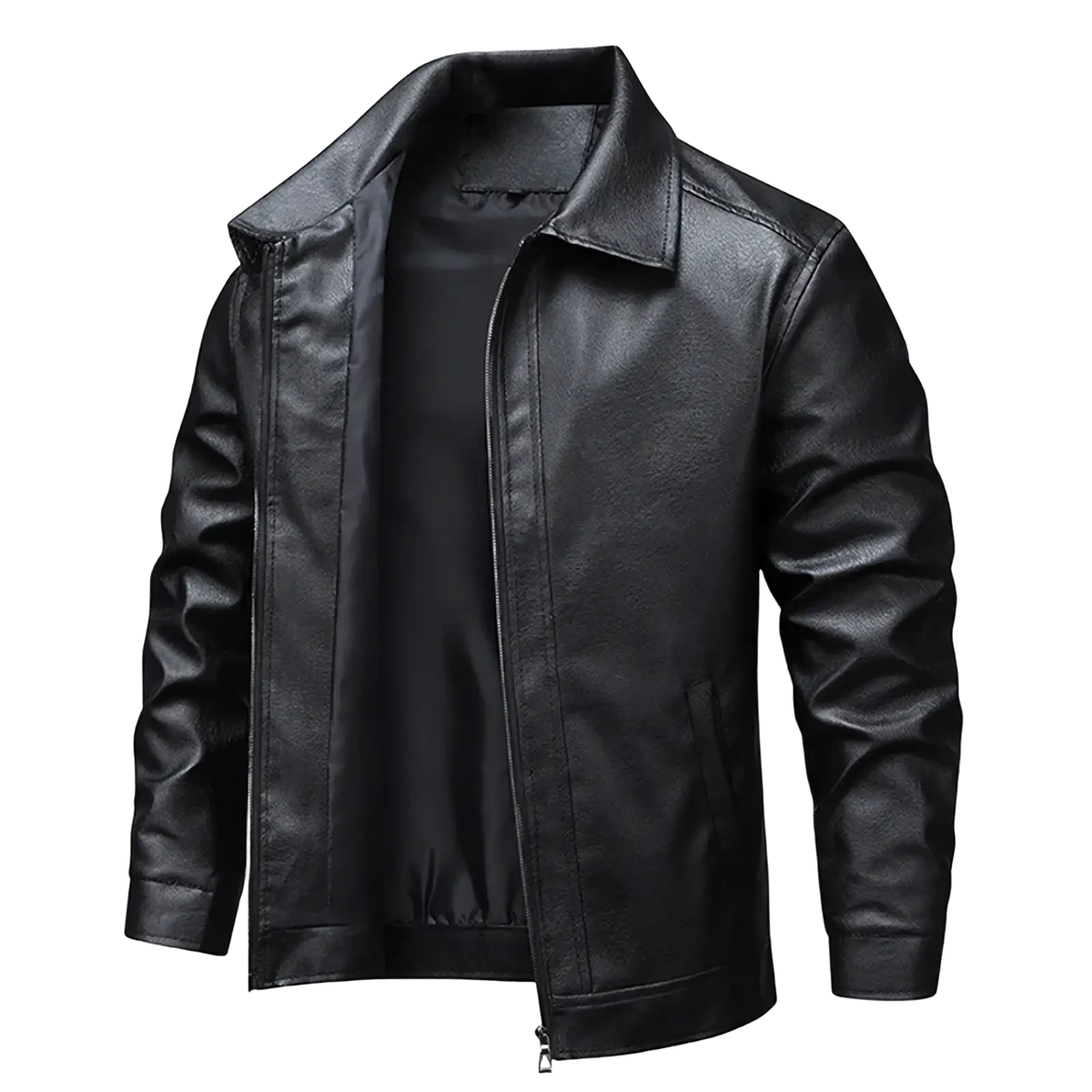 Men brown faux leather biker jacket with classic collar and front zipper in black faux leather shown from front