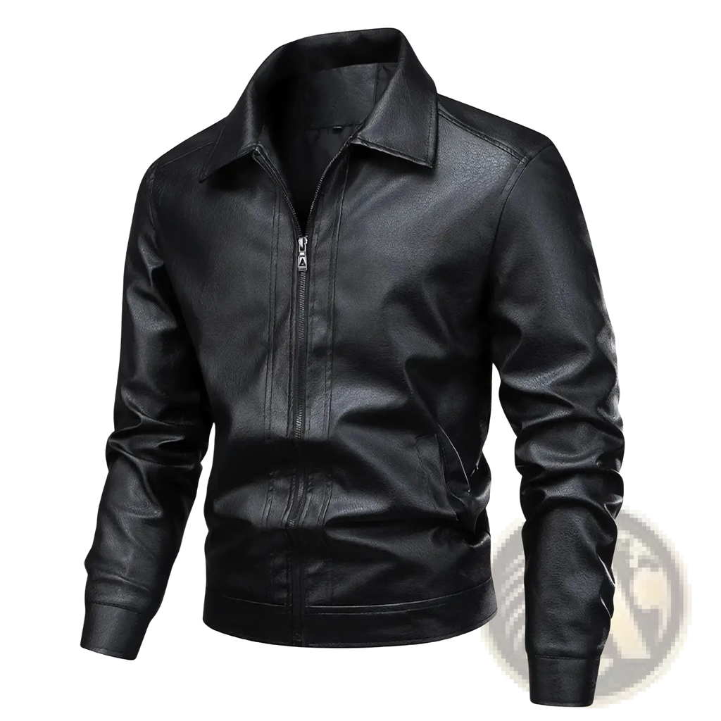 Men brown faux leather biker jacket featuring black faux leather bomber jacket with classic collar and front zipper