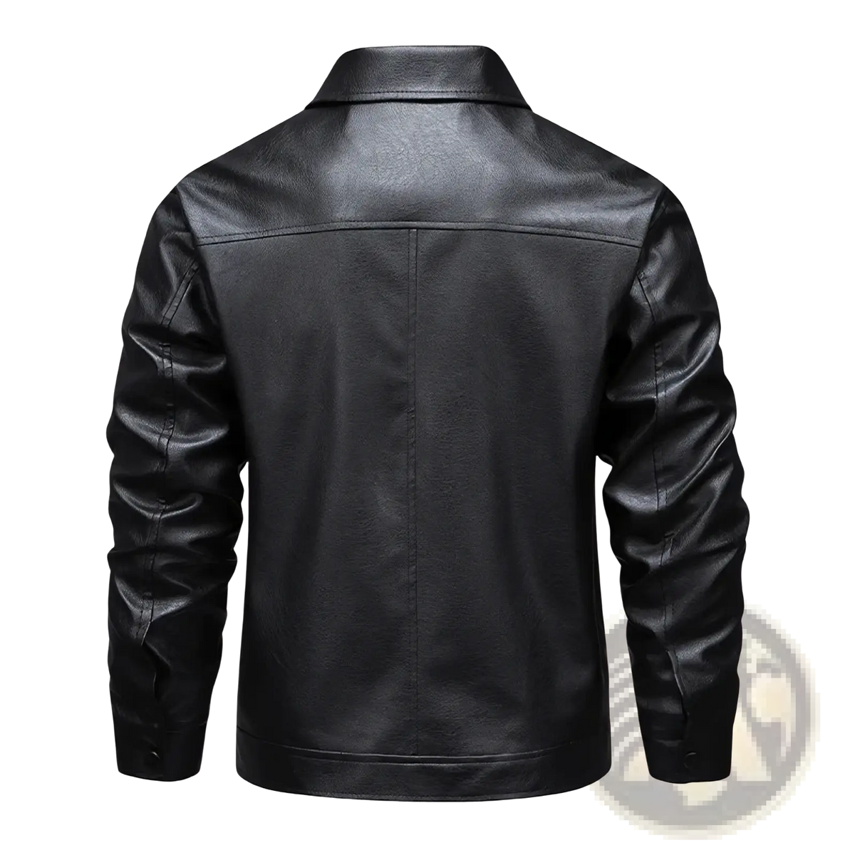 Men brown faux leather biker jacket featuring black faux leather with classic collar and seam detailing
