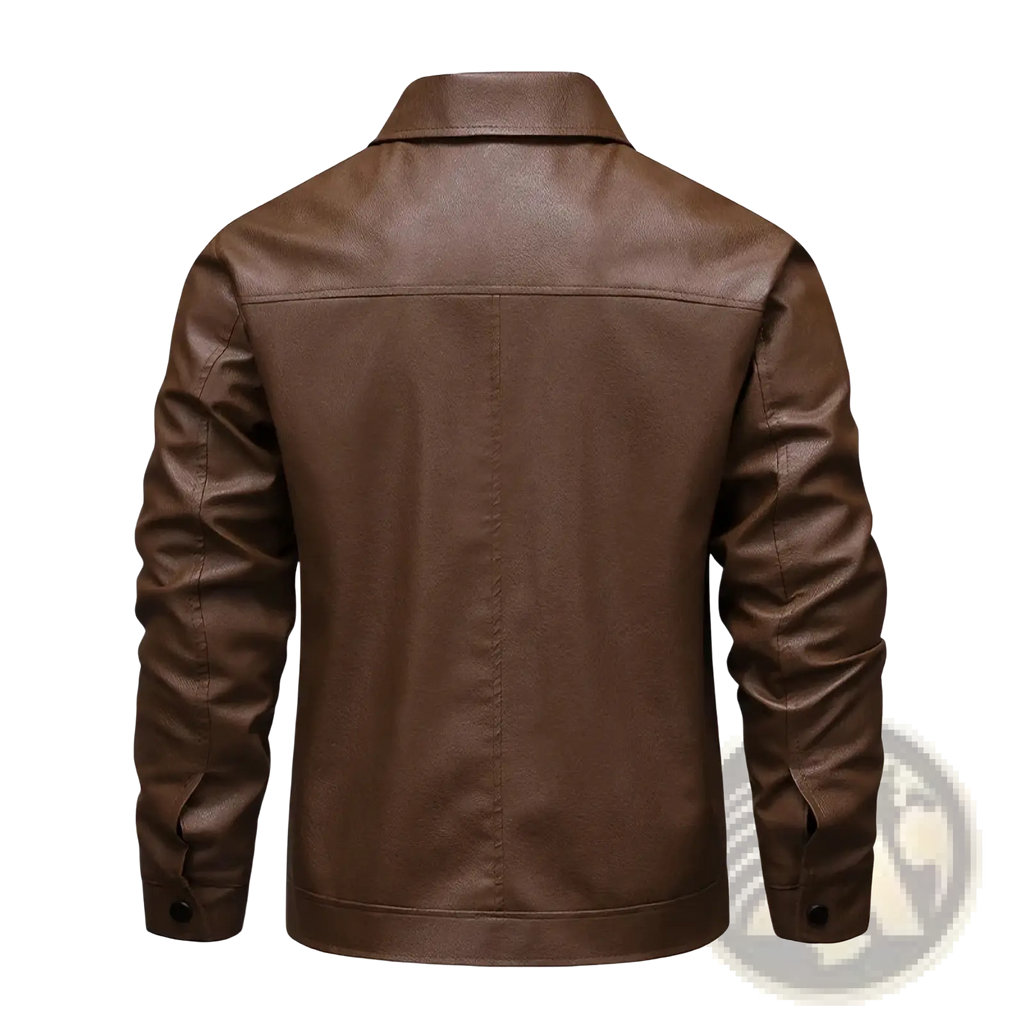 Men brown faux leather biker jacket with classic collar and buttoned cuffs in a front view