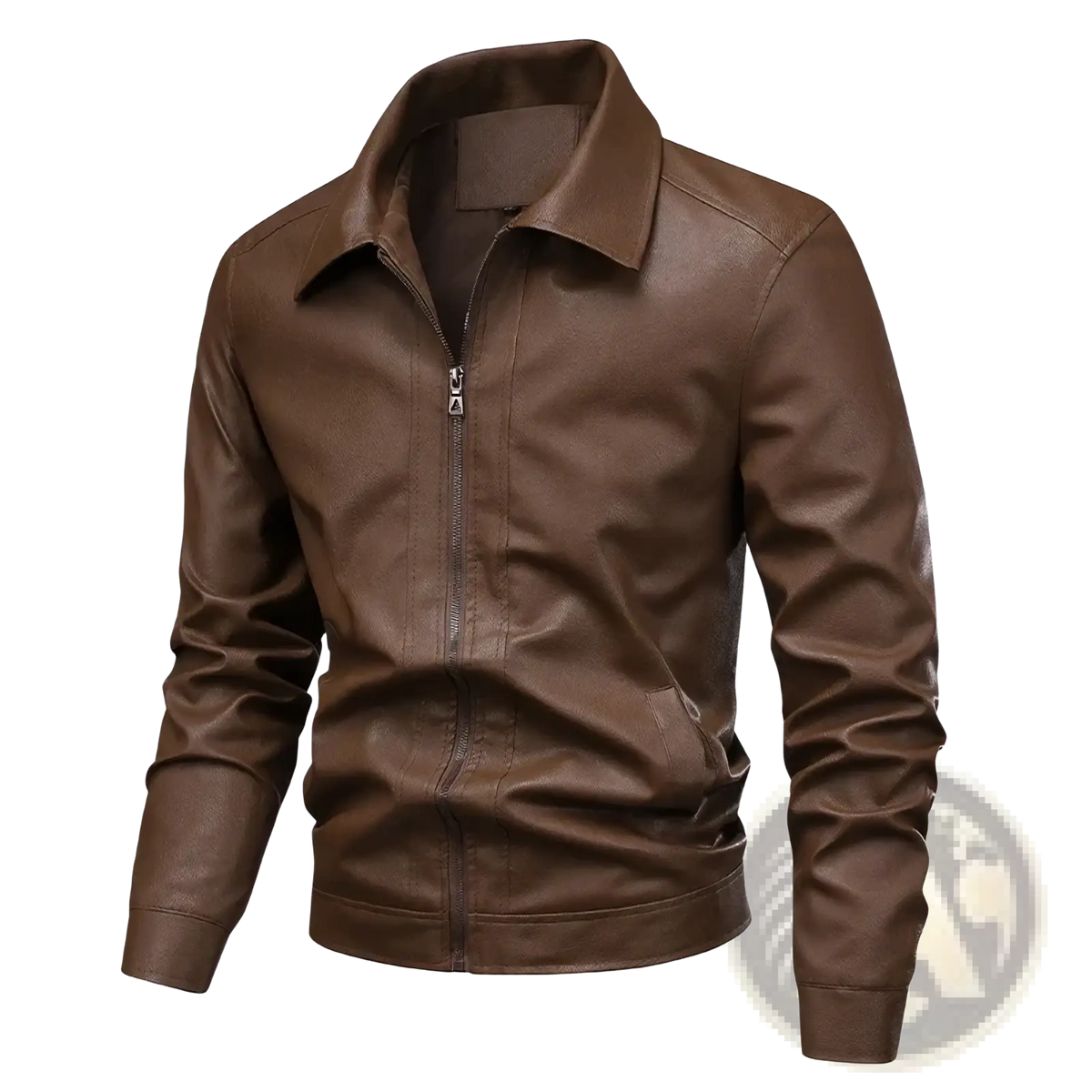 Men brown faux leather biker jacket featuring a classic collar and front zipper in brown leather material