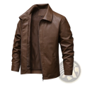 Men brown faux leather biker jacket with classic collar and zipper closure displayed front side