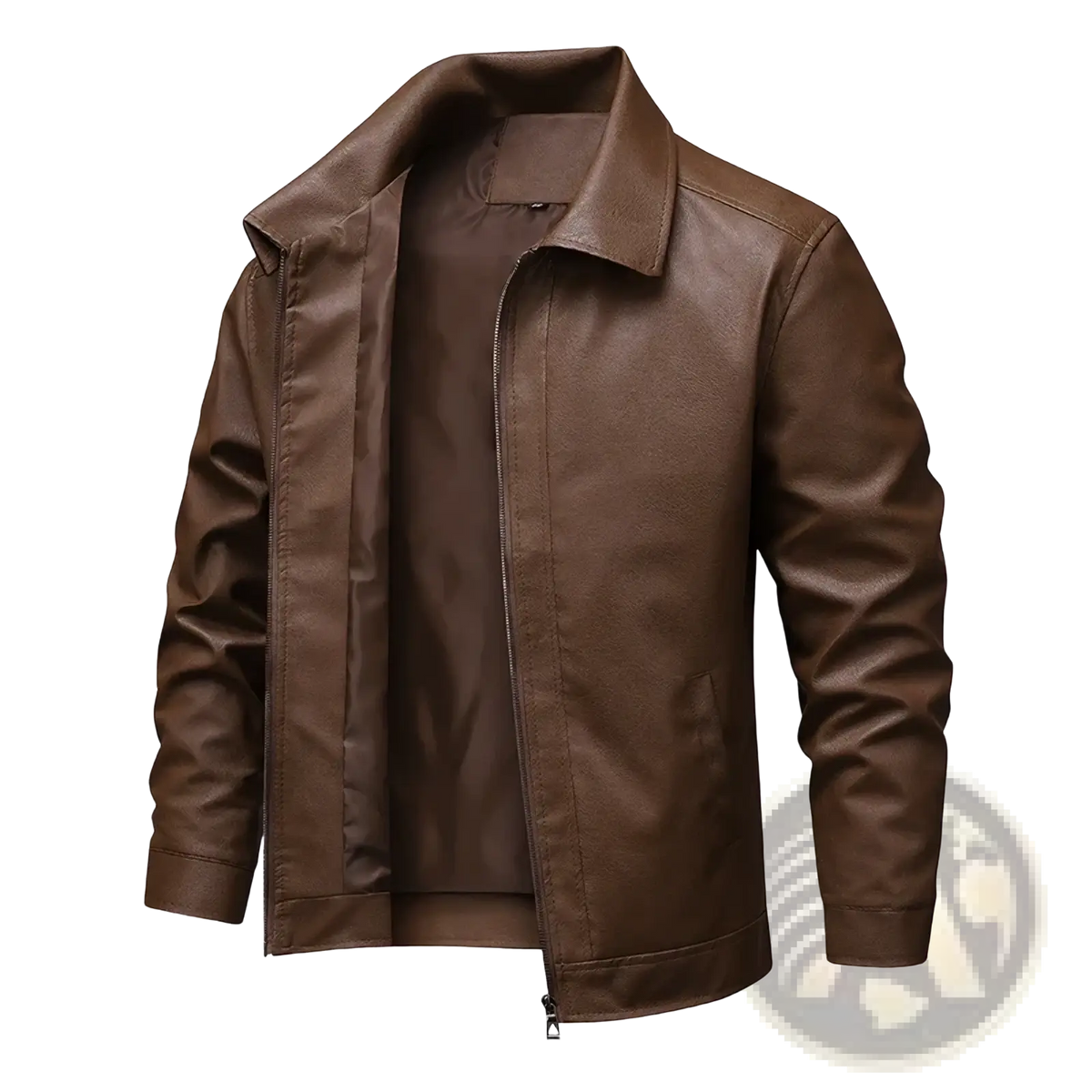 Men brown faux leather biker jacket with classic collar and zipper closure displayed front side