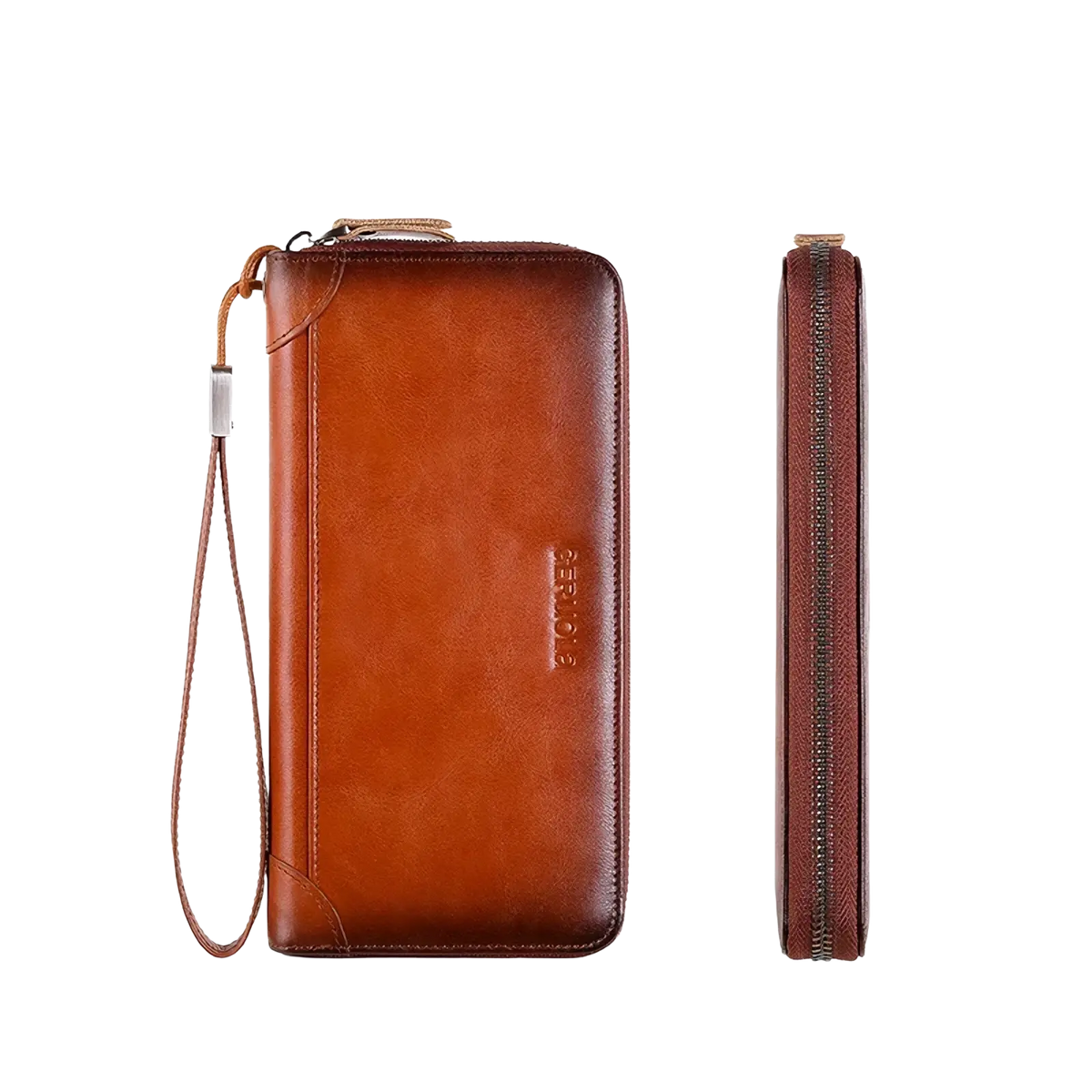 Men brown leather long wallet with zipper closure wrist strap and embossed branding on the front