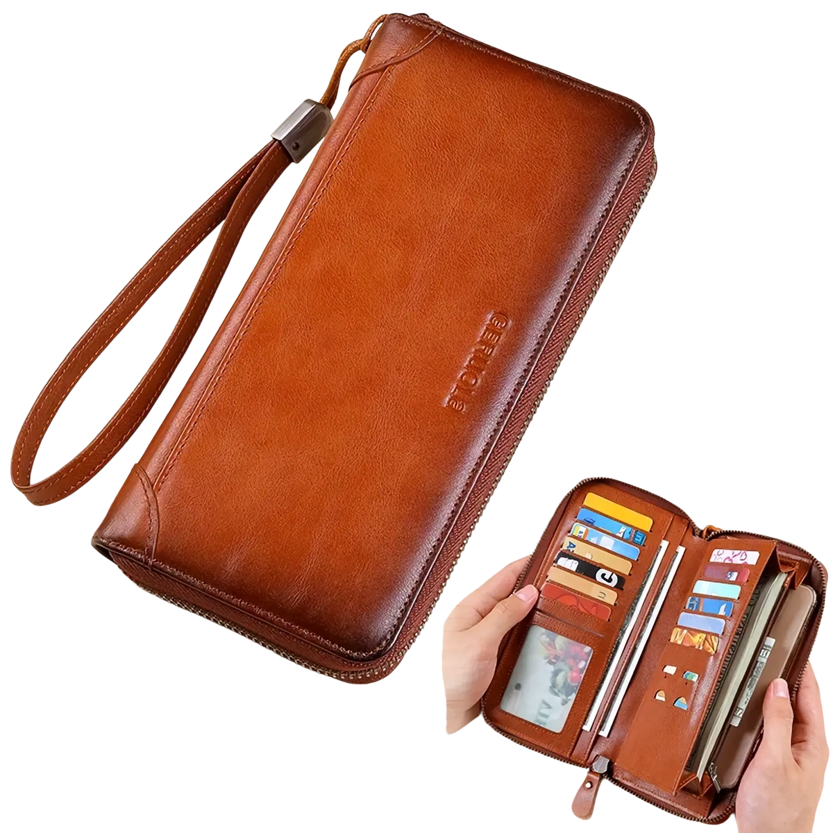 Men brown leather long wallet with wrist strap large capacity zipper and embossed brand logo on the front