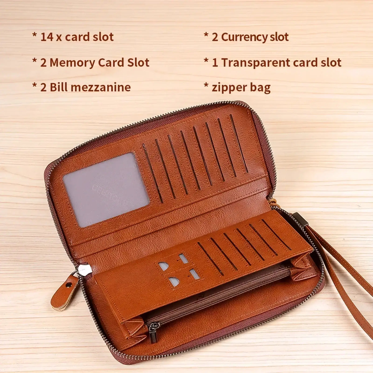 Men brown leather long wallet with large capacity featuring 14 card slots, memory card slots, id window, and zipper bag