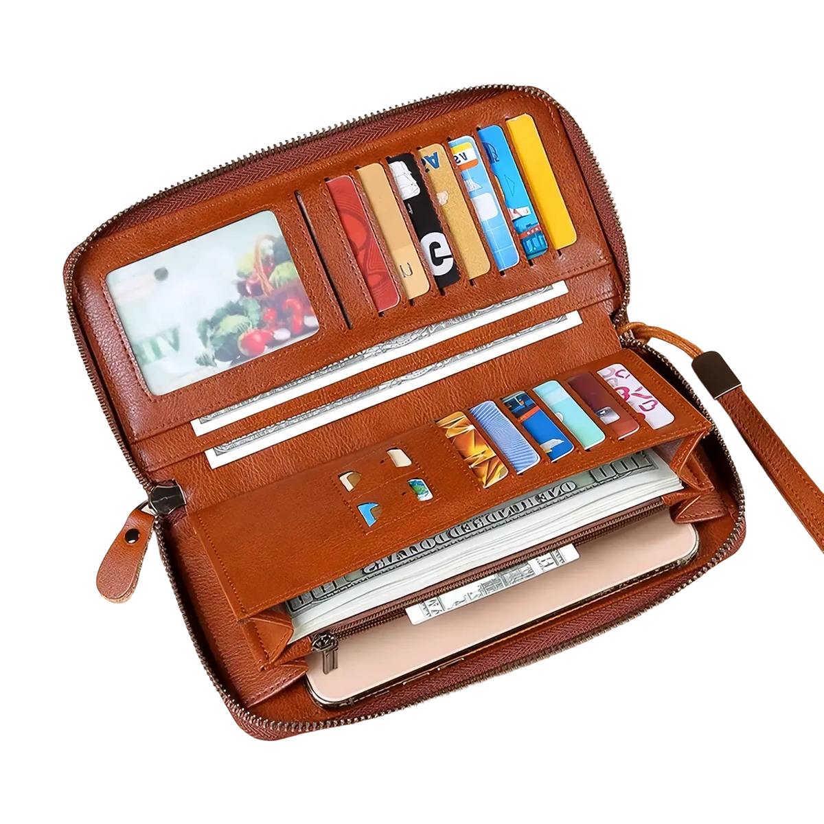 Men brown leather long wallet featuring multiple card slots photo id compartment and zippered section for cash and phone