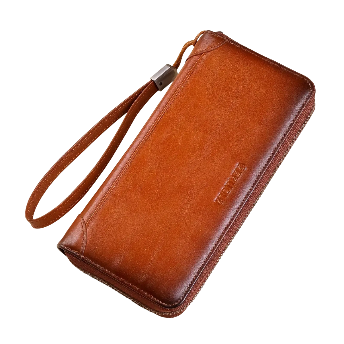 Men brown leather long wallet with large capacity zipper closure and wrist strap for secure carrying