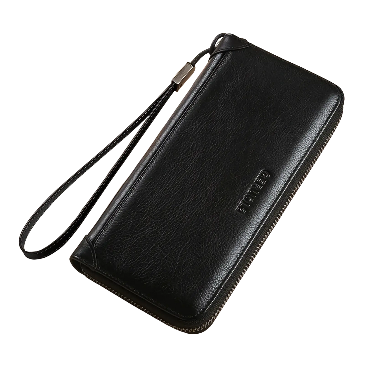 Black leather men long wallet with large capacity zipper closure and wrist strap for secure carrying
