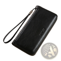 Black leather men long wallet with large capacity zipper closure and wrist strap for secure carrying