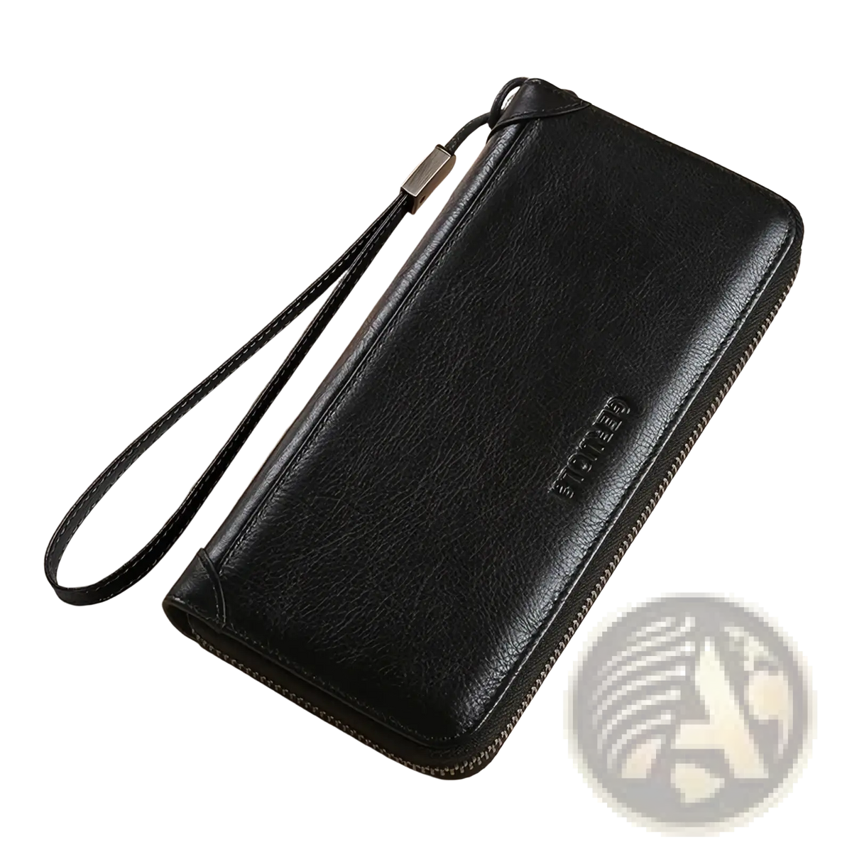 Black leather men long wallet with large capacity zipper closure and wrist strap for secure carrying