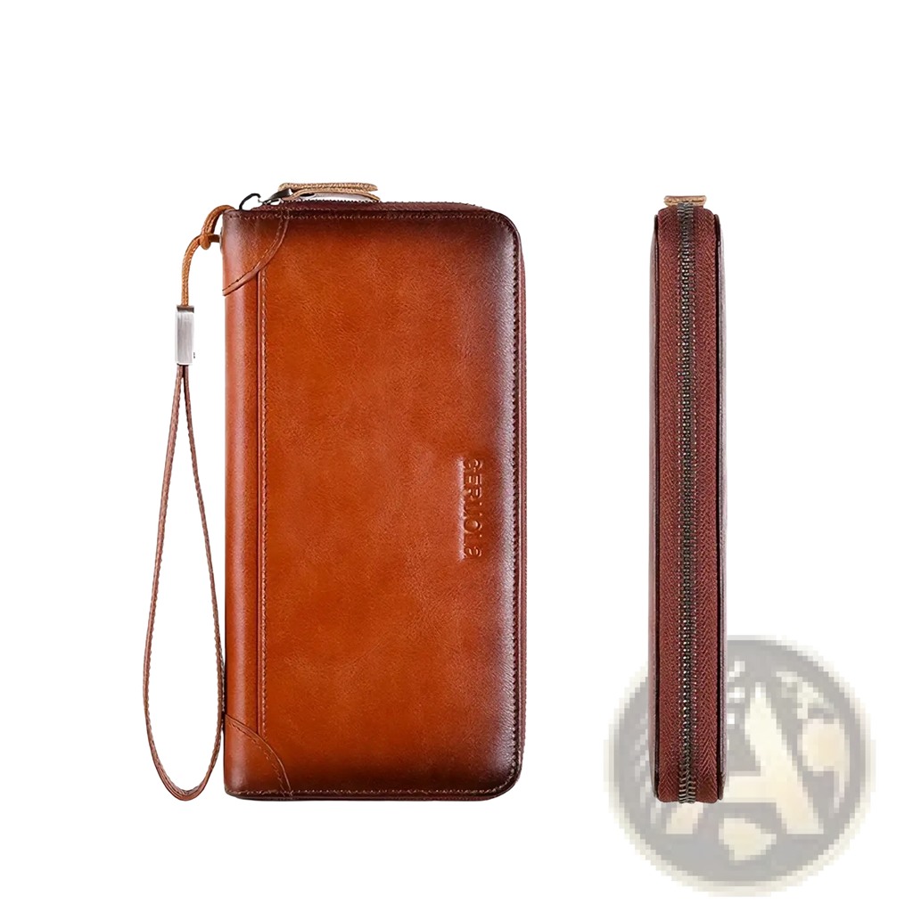 Men brown leather long wallet with zipper closure wrist strap and embossed branding on the front