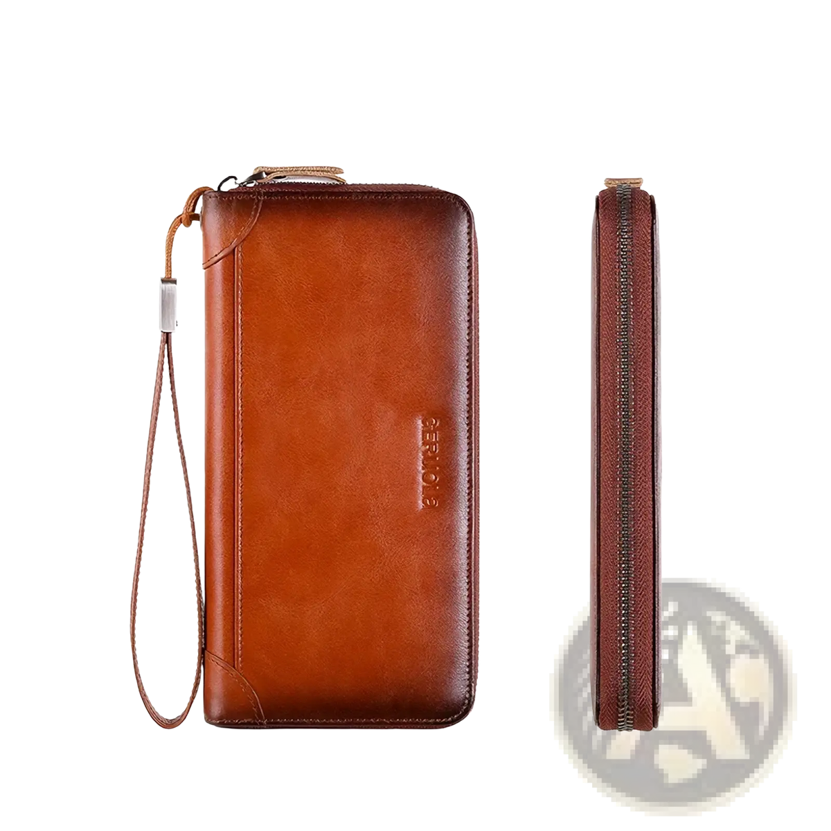 Men brown leather long wallet with zipper closure wrist strap and embossed branding on the front