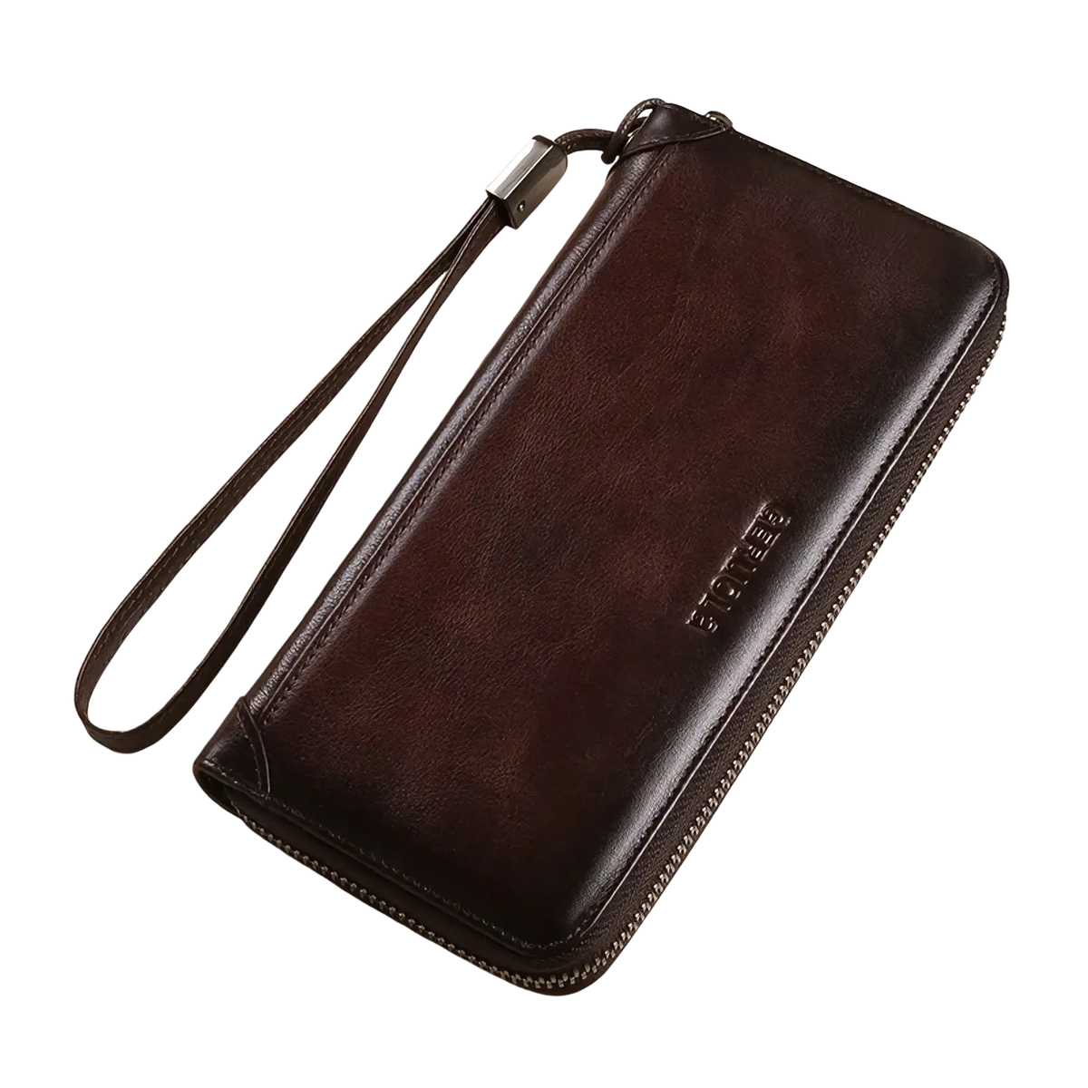 Men brown leather long wallet with large capacity zipper wrist strap in dark brown leather material