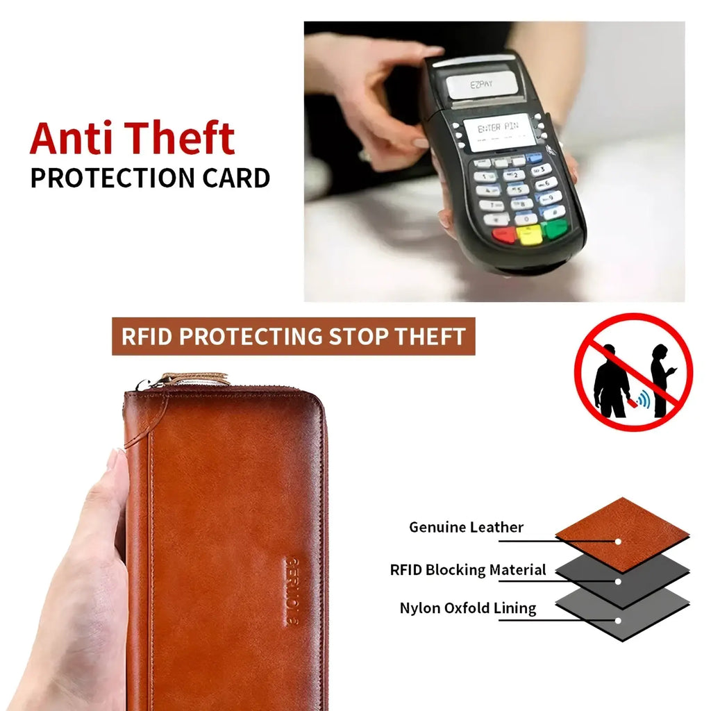 Men brown genuine leather long wallet with rfid protection zipper closure and embossed branding large capacity