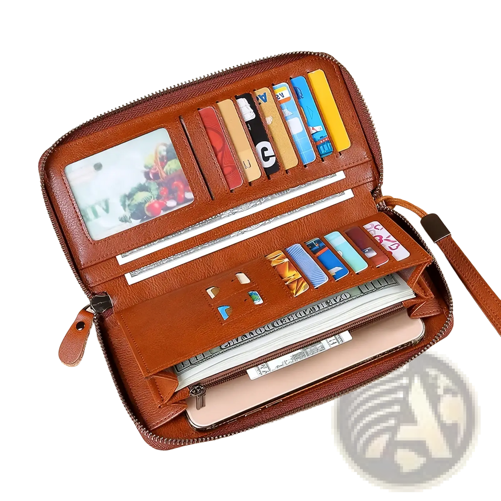 Men brown leather long wallet featuring multiple card slots photo id compartment and zippered section for cash and phone