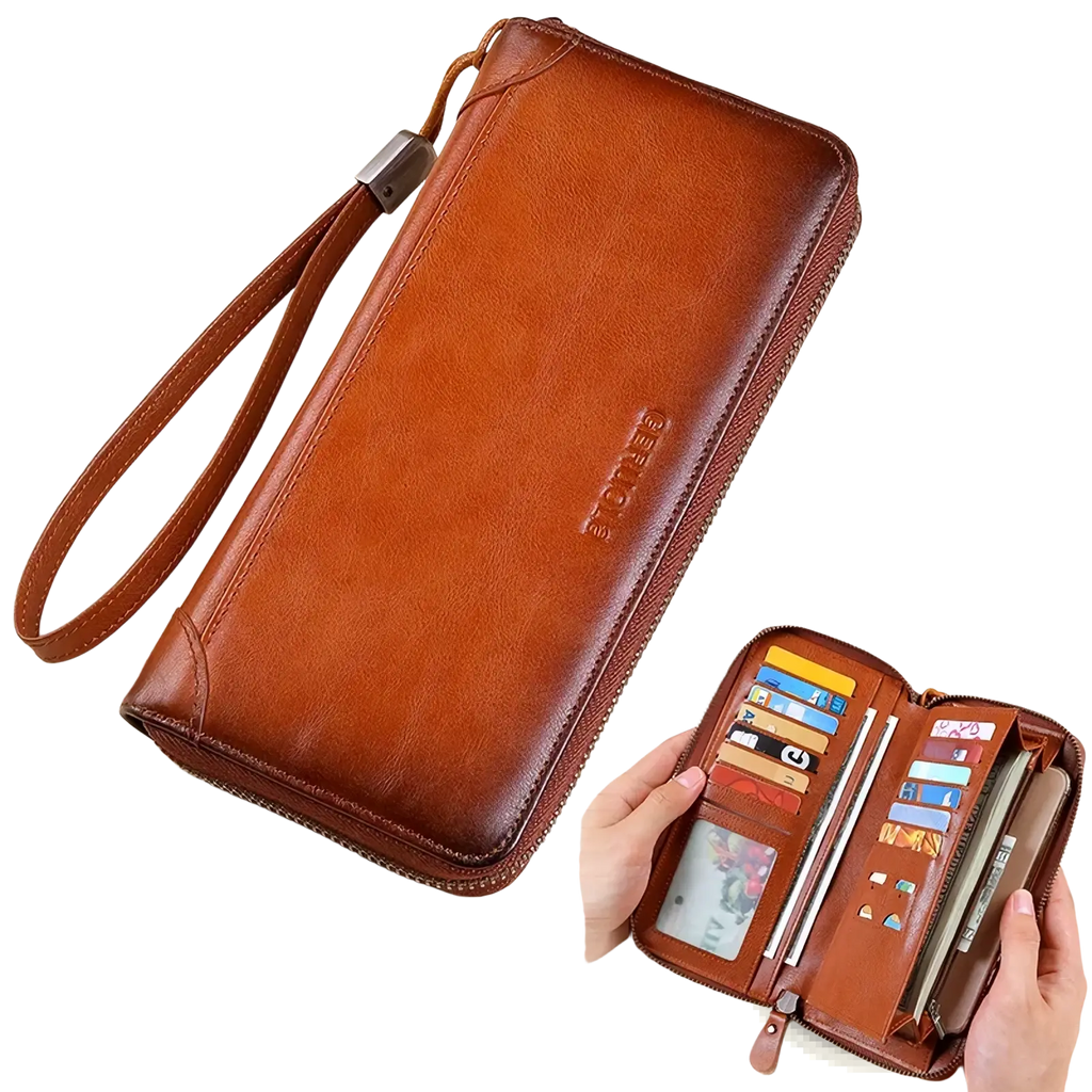 Men brown leather long wallet with wrist strap large capacity zipper and embossed brand logo on the front